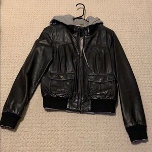 Distressed pleather jacket with hoodie detail 💙